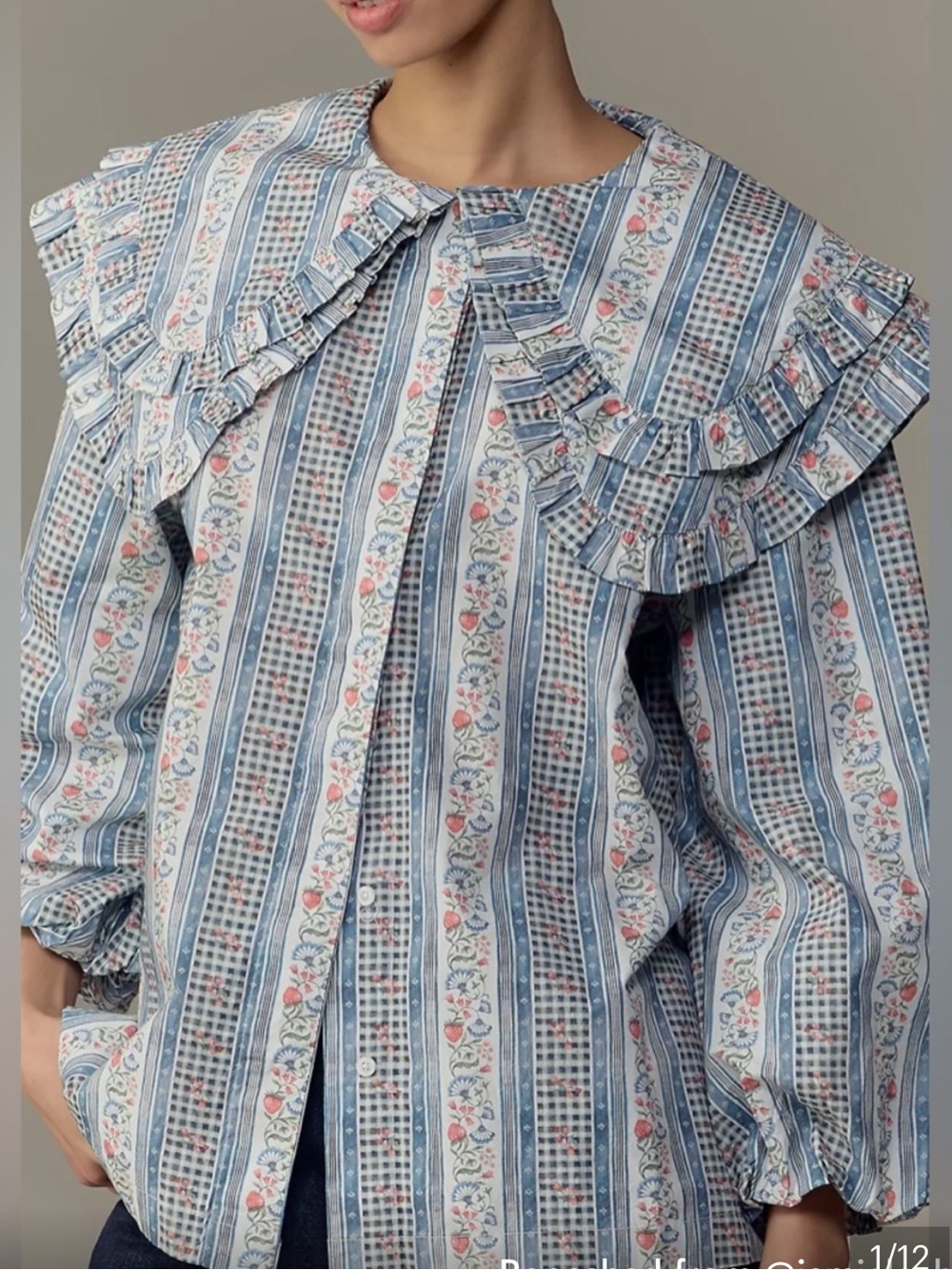 Damson Madder Lois Floral Stripe Ruffle Blouse wallpaper shirt top prairie - Picture 4 of 11